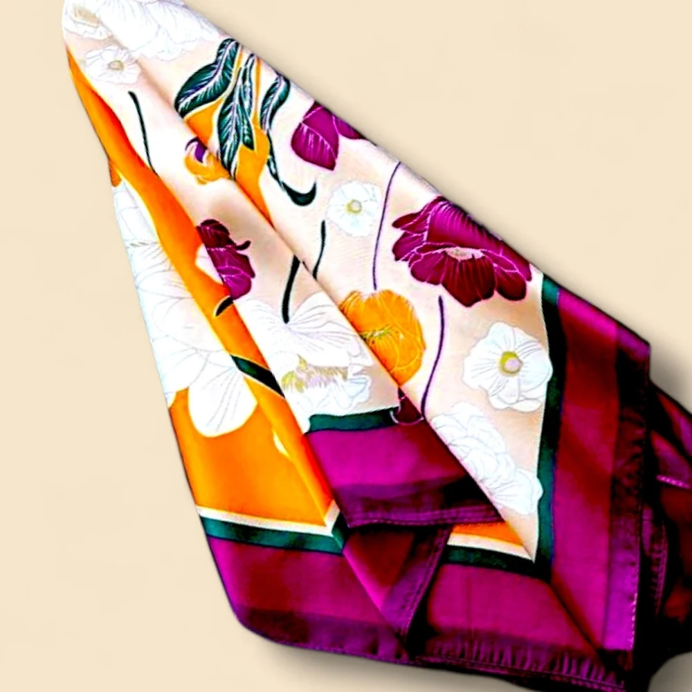 😎🧡 4/$20 Floral Colorblocked Silky Scarf Square- Orange, Purple, Cream & Green - Picture 4 of 7